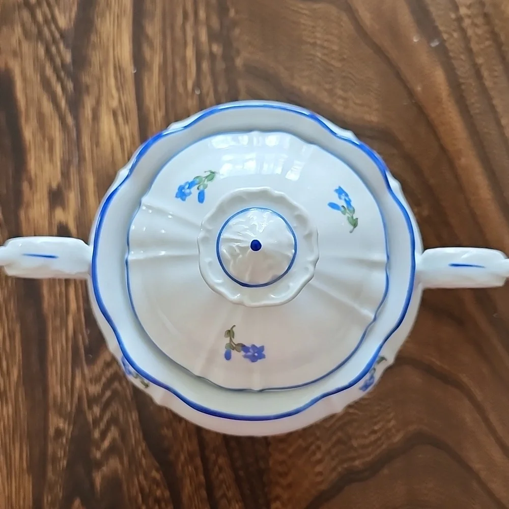 MZ CZECHOSLOVAKIA Floral White and Blue Ceramic Sugar Bowl